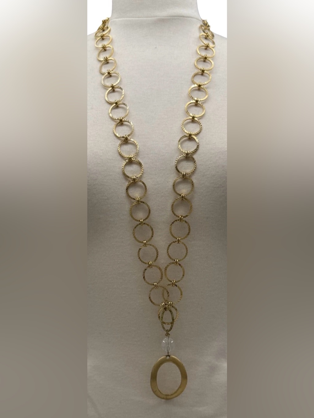 Long 38" Gold Tone Circle Link Statement Necklace W/ 1" Ring Pendant - Layering
